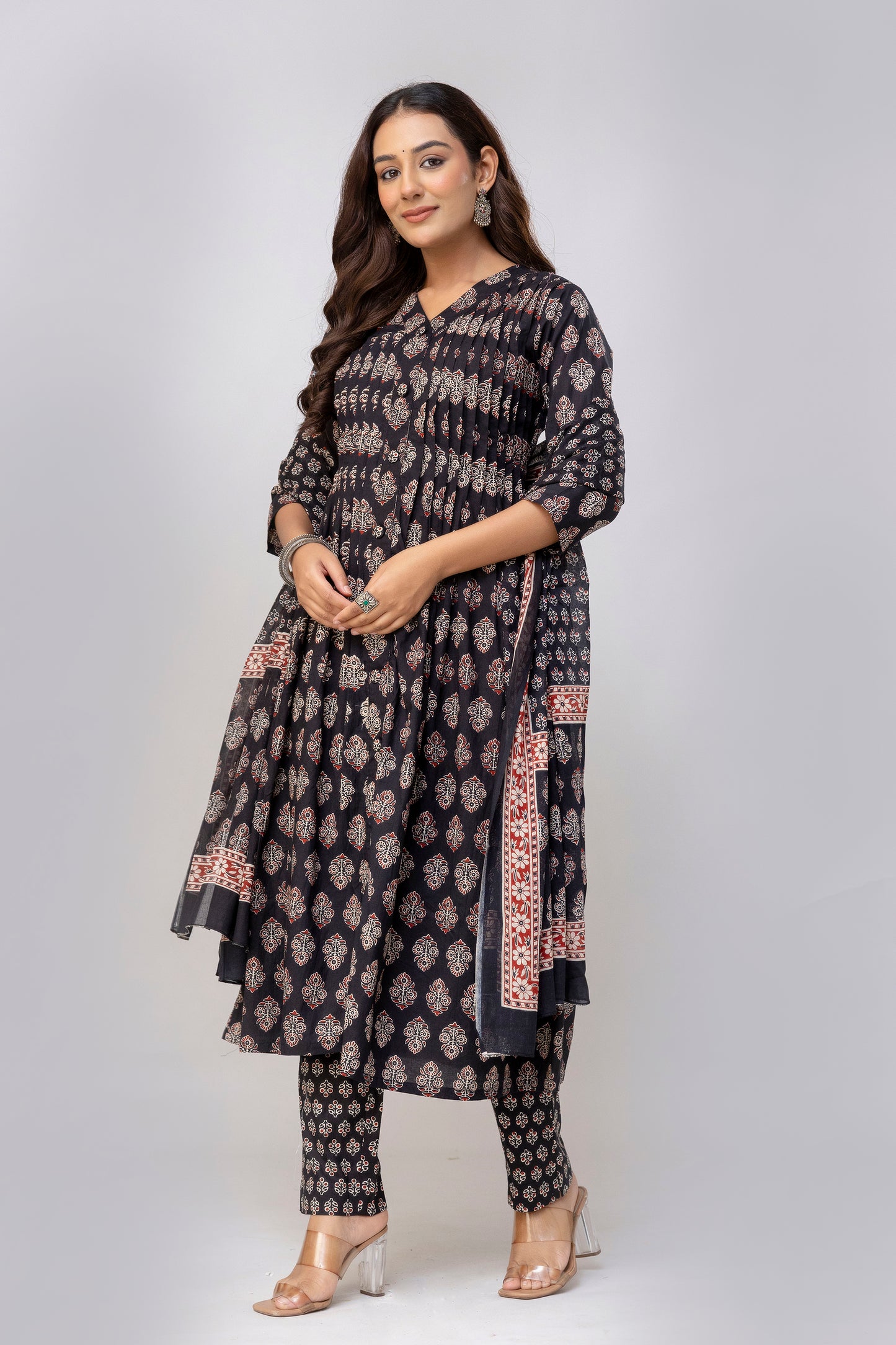 Black Colour Hand Print Pure Taj Cotton Kurta with Pant with  Dupatta