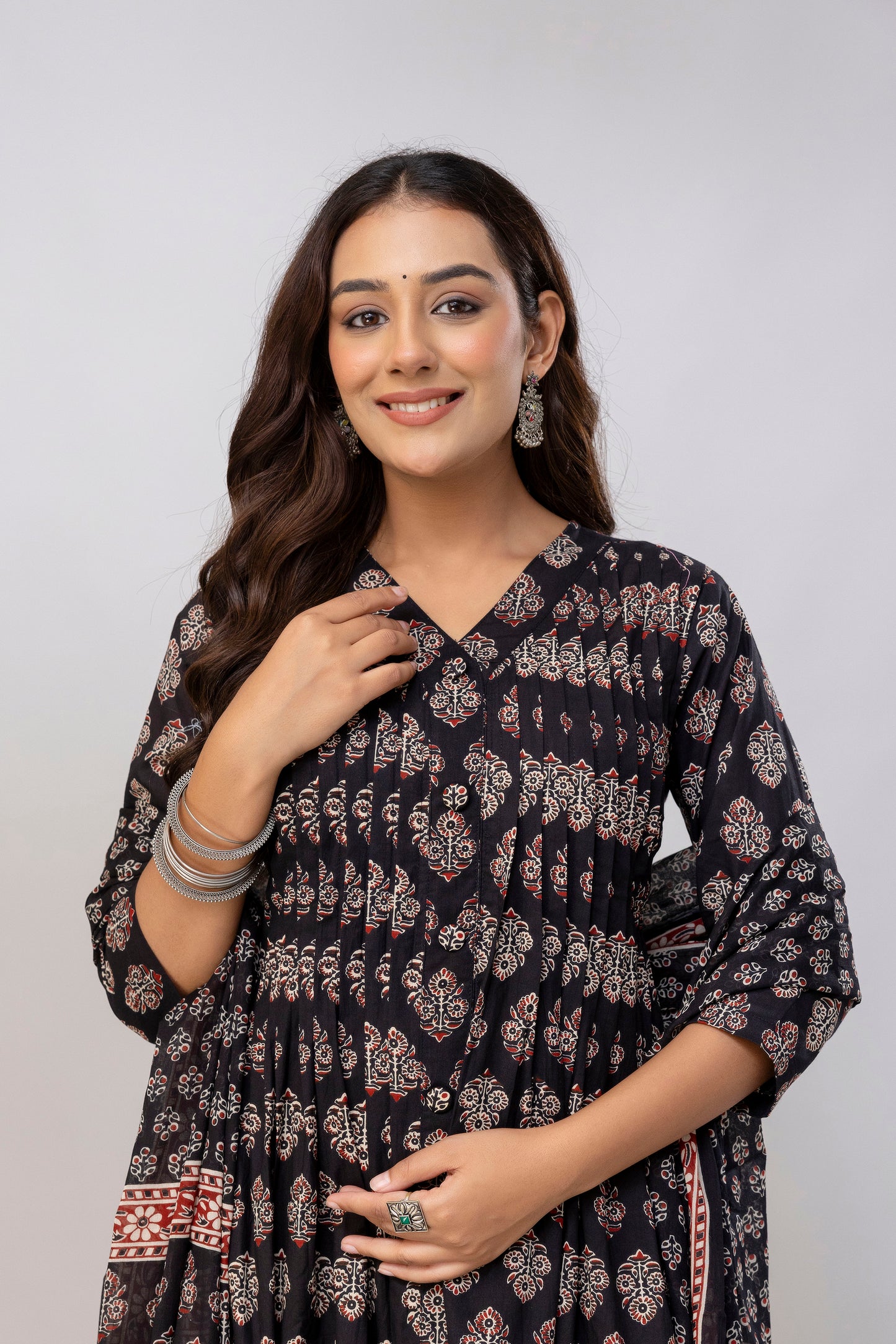 Black Colour Hand Print Pure Taj Cotton Kurta with Pant with  Dupatta