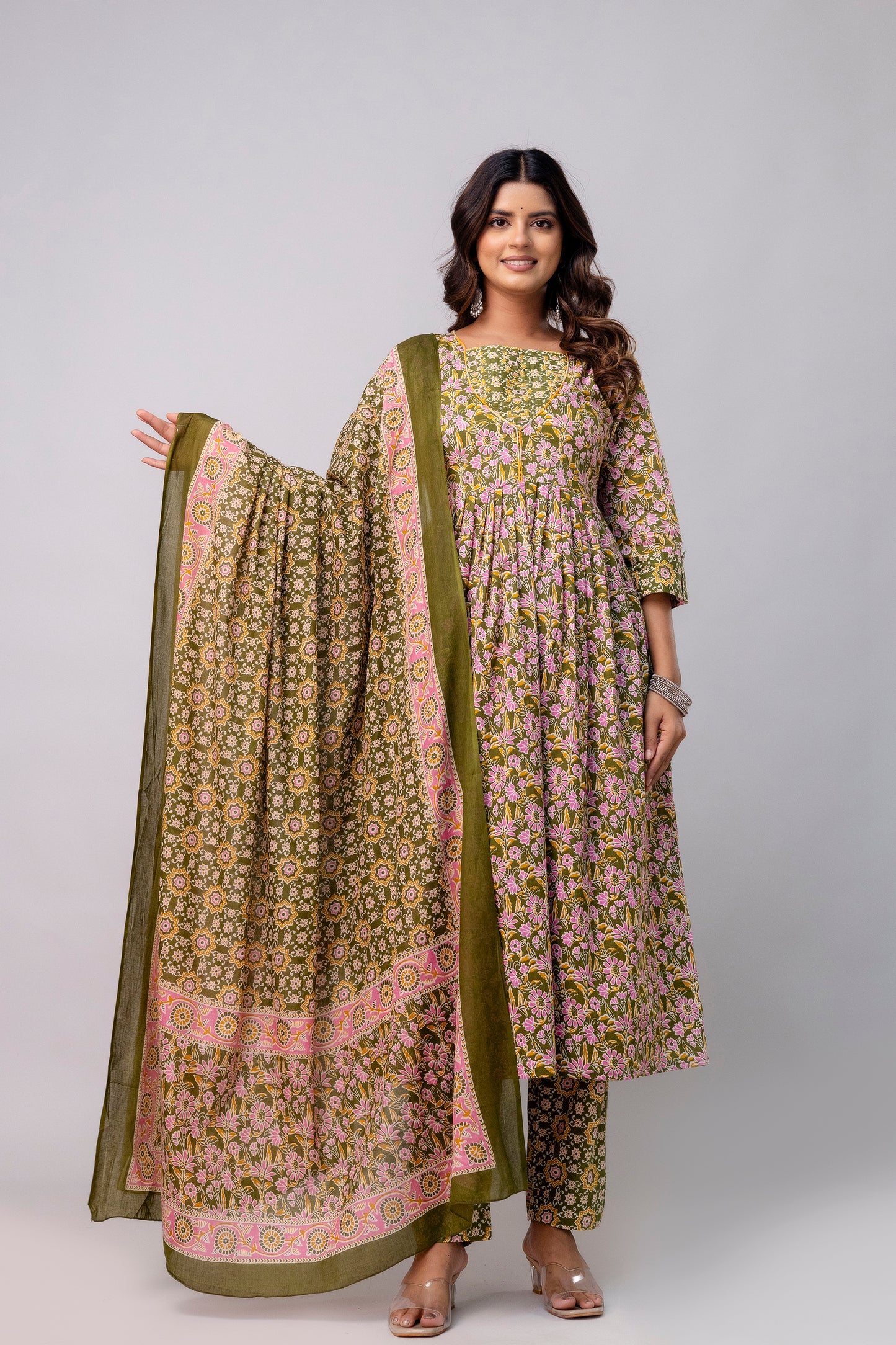 The Festive Marigold Print Pure Taj Cotton Cambric Anarkali Kurta Pant with Duaptta Set.