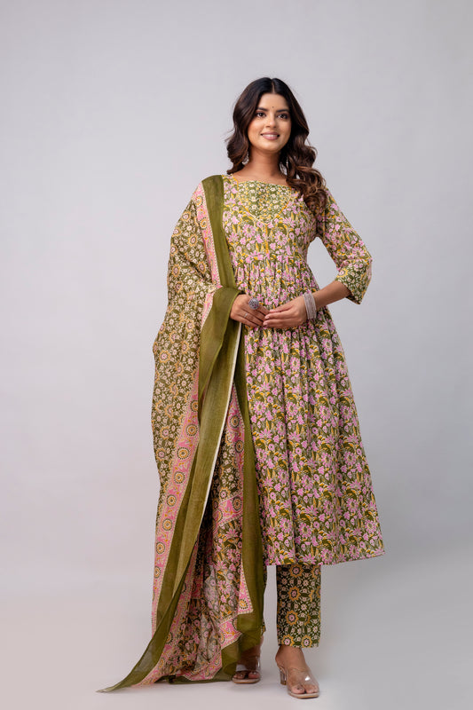 The Festive Marigold Print Pure Taj Cotton Cambric Anarkali Kurta Pant with Duaptta Set.