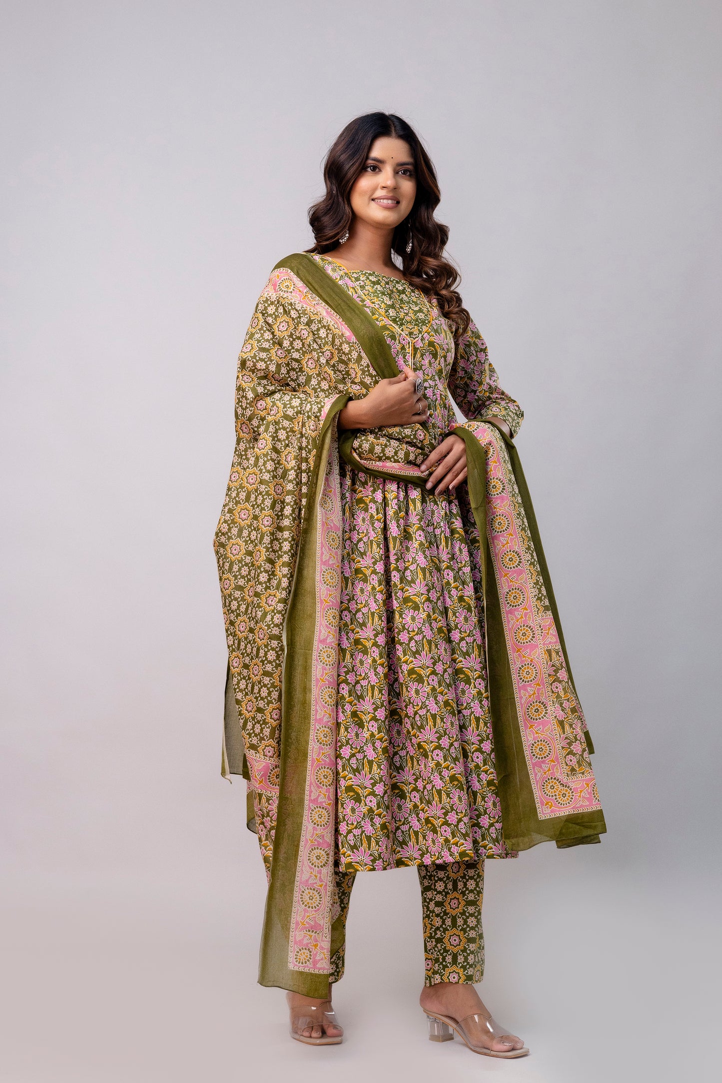 The Festive Marigold Print Pure Taj Cotton Cambric Anarkali Kurta Pant with Duaptta Set.