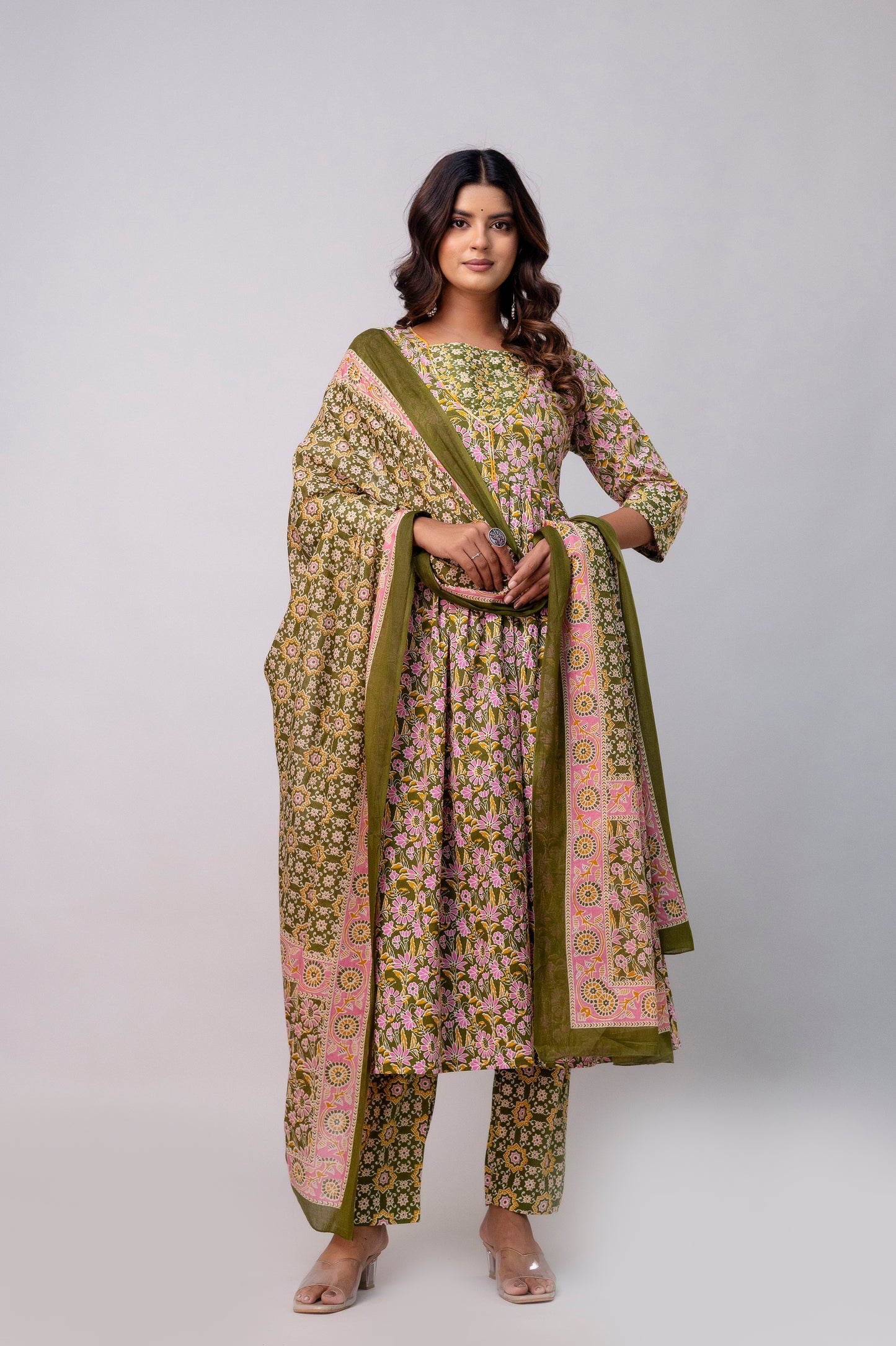 The Festive Marigold Print Pure Taj Cotton Cambric Anarkali Kurta Pant with Duaptta Set.
