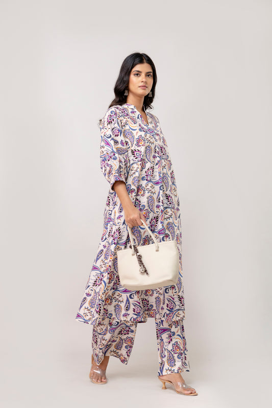 The Lavender Bloom:colour Pure Taj Cambric Cotton Kurta-Palazzo Set with Puff Sleeves Kalamkari Printed.