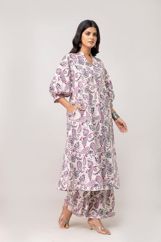 The Lavender Bloom:colour Pure Taj Cambric Cotton Kurta-Palazzo Set with Puff Sleeves Kalamkari Printed.
