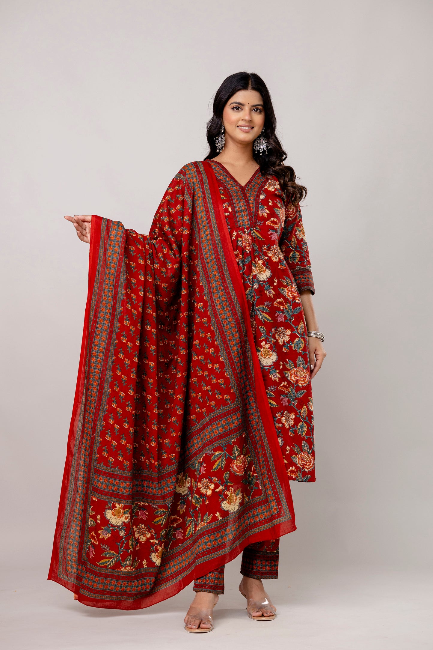Red Colour V-Neck Kurta Set with Intricate Border Print Dupatta