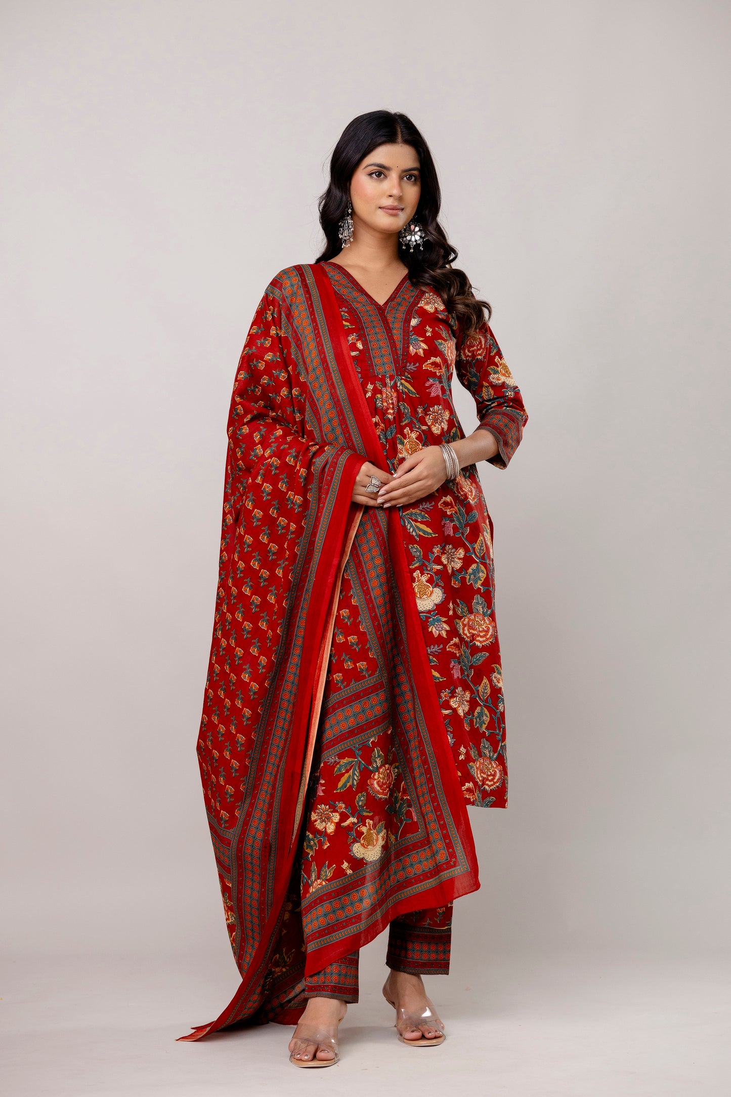 Red Colour V-Neck Kurta Set with Intricate Border Print Dupatta
