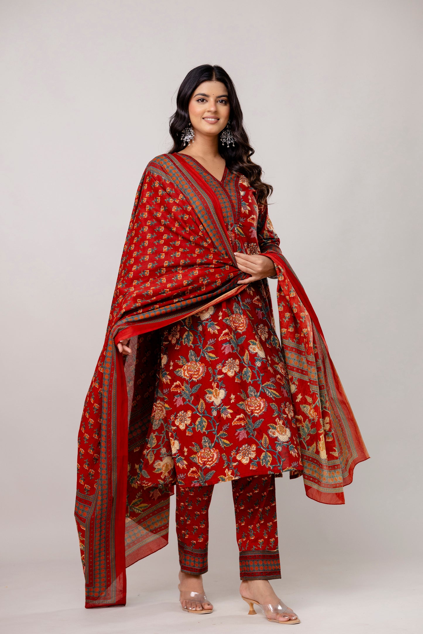 Red Colour V-Neck Kurta Set with Intricate Border Print Dupatta