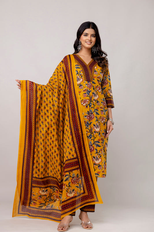 Yellow Colour V-Neck Kurta Set with Intricate Border Print Dupatta