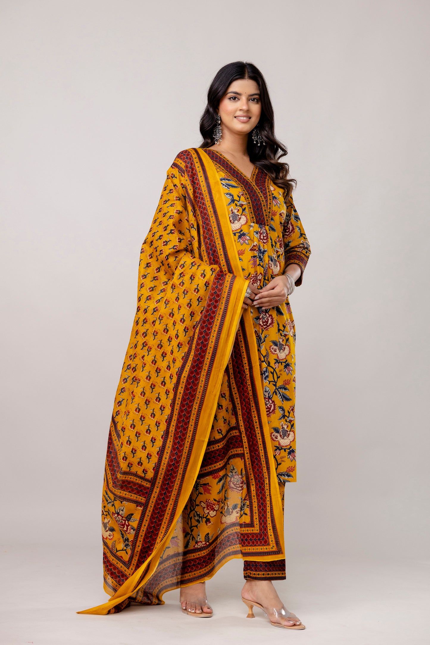 Yellow Colour V-Neck Kurta Set with Intricate Border Print Dupatta