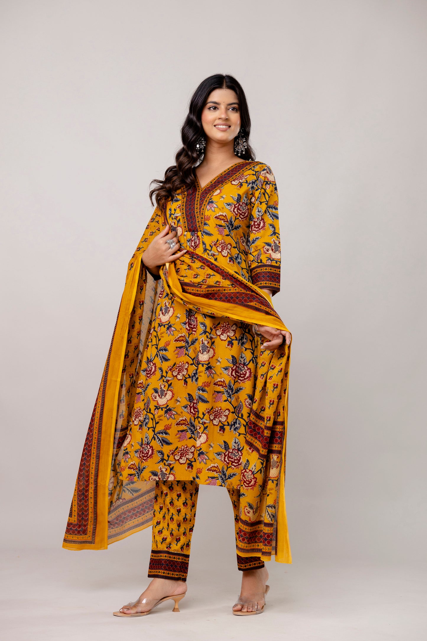 Yellow Colour V-Neck Kurta Set with Intricate Border Print Dupatta