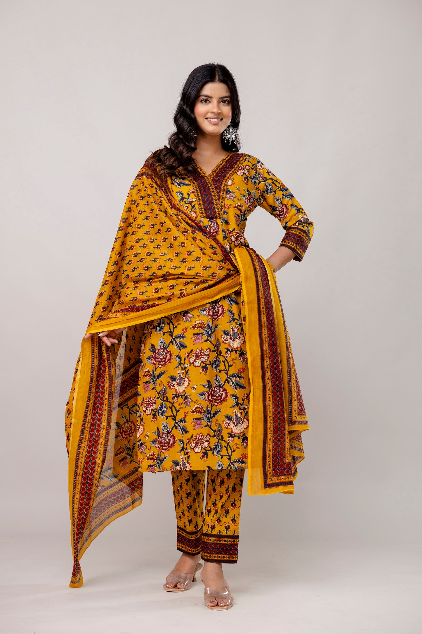Yellow Colour V-Neck Kurta Set with Intricate Border Print Dupatta
