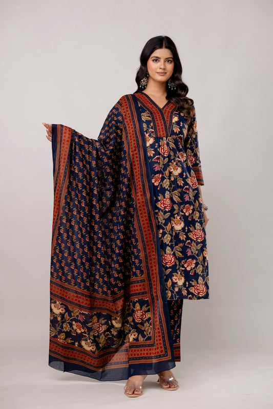 Deep Indigo V-Neck Kurta Set with Intricate Border Print Dupatta