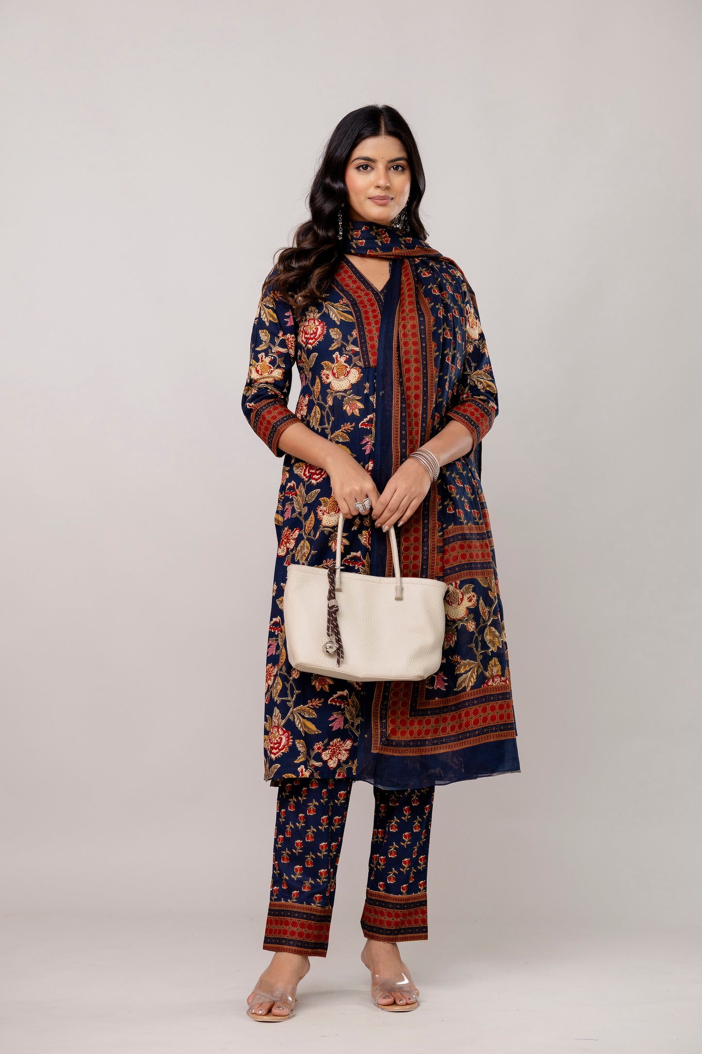 Deep Indigo V-Neck Kurta Set with Intricate Border Print Dupatta
