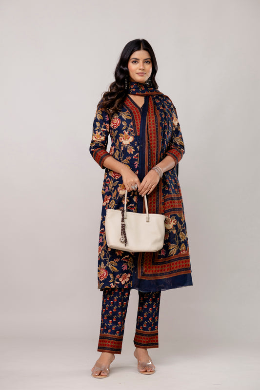 Deep Indigo V-Neck Kurta Set with Intricate Border Print Dupatta