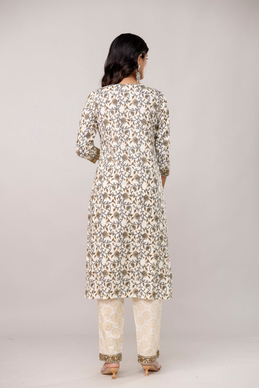 White Colour V-Neck Kurta Set with Intricate Border Print Dupatta