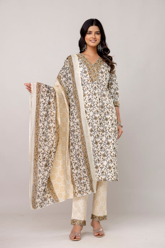 White Colour V-Neck Kurta Set with Intricate Border Print Dupatta