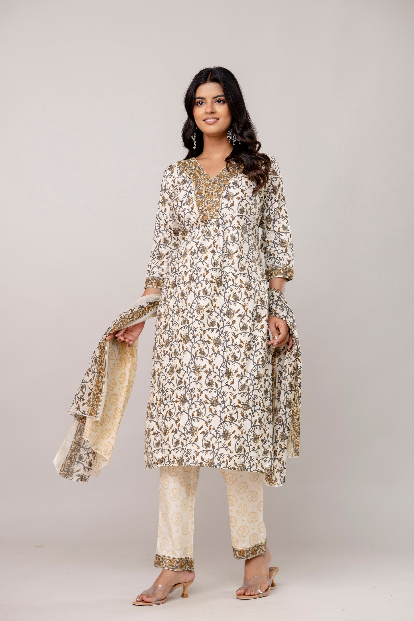 White Colour V-Neck Kurta Set with Intricate Border Print Dupatta