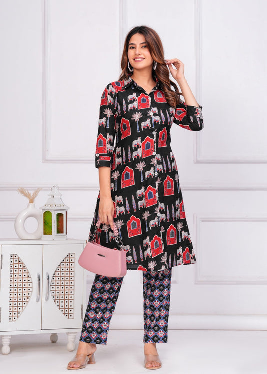 The Rajasthani Horse Print Cotton Cambric Mandarin Collar A-Line Kurti Set