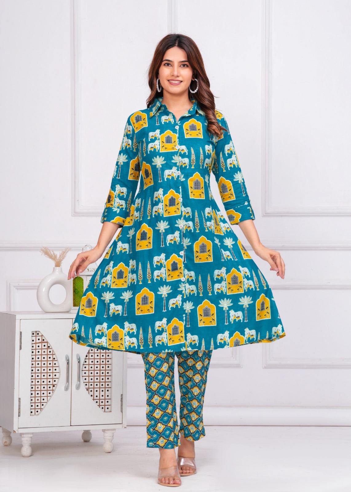 The Rajasthani Horse Print Cotton Cambric Mandarin Collar A-Line Kurti Set