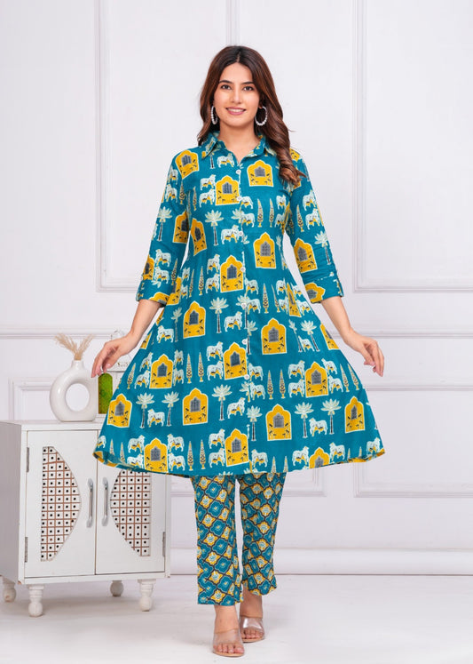 The Rajasthani Horse Print Cotton Cambric Mandarin Collar A-Line Kurti Set