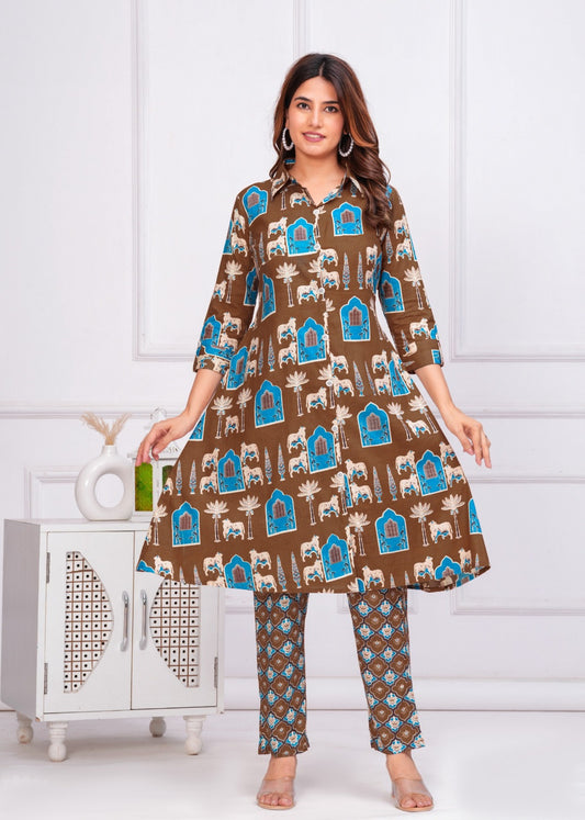 The Rajasthani Horse Print Cotton Cambric Mandarin Collar A-Line Kurti Set