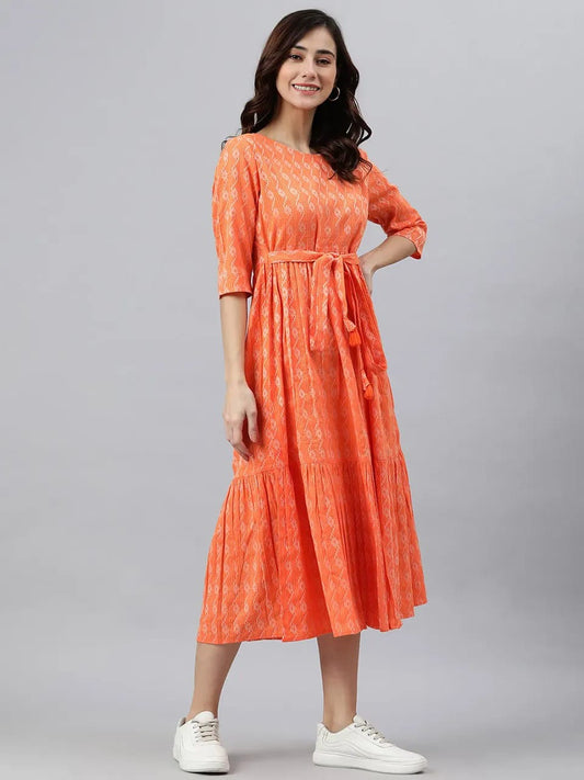 The Summer Breeze Cotton Kantha Print Midi Dress with 16" Sleeves