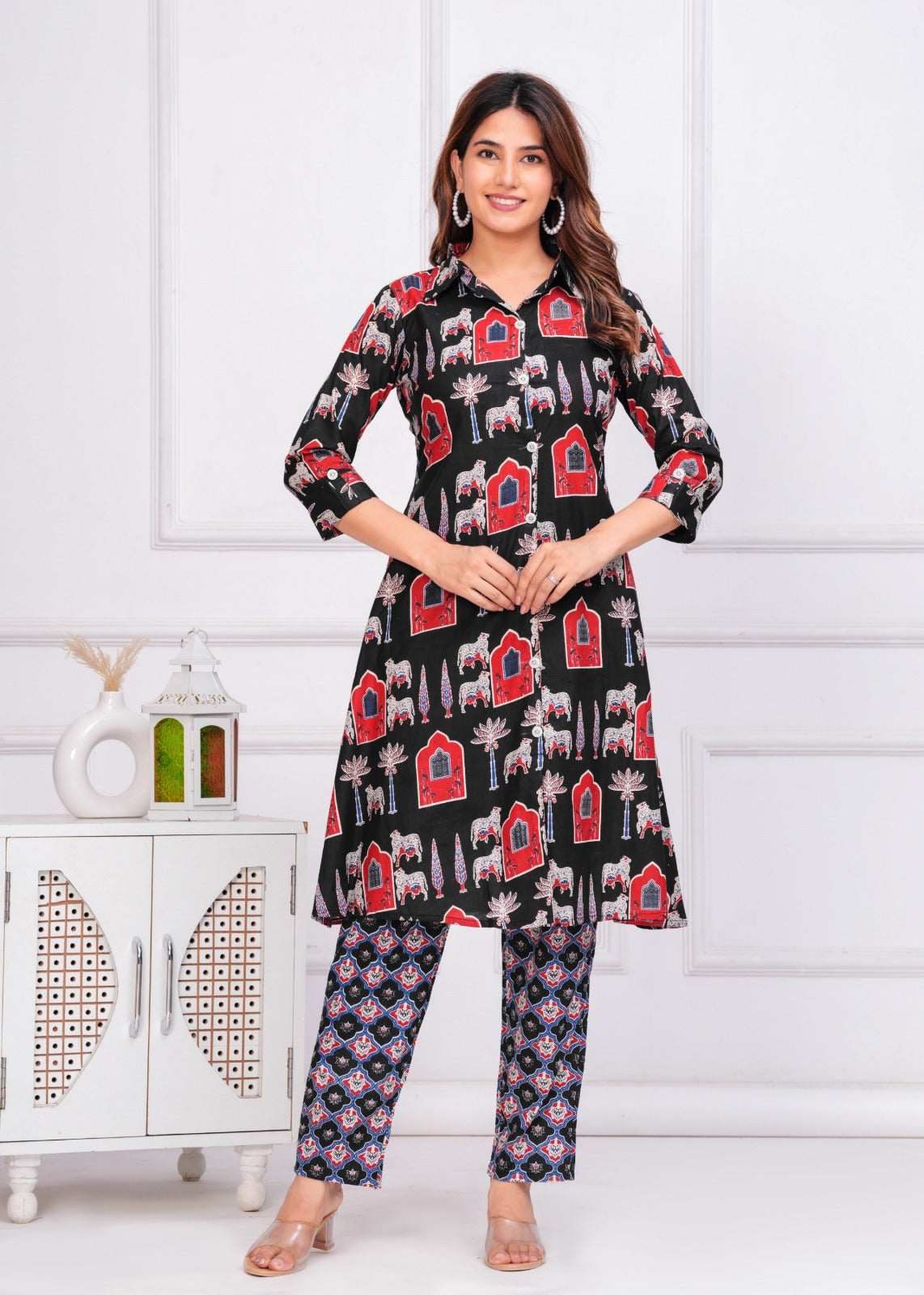 The Rajasthani Horse Print Cotton Cambric Mandarin Collar A-Line Kurti Set
