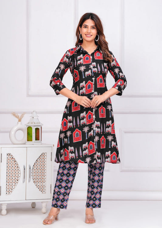The Rajasthani Horse Print Cotton Cambric Mandarin Collar A-Line Kurti Set