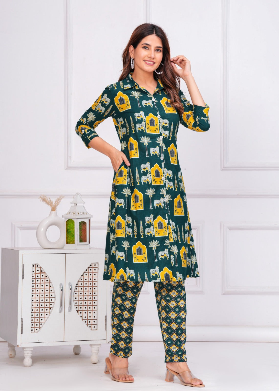 The Rajasthani Horse Print Cotton Cambric Mandarin Collar A-Line Kurti Set