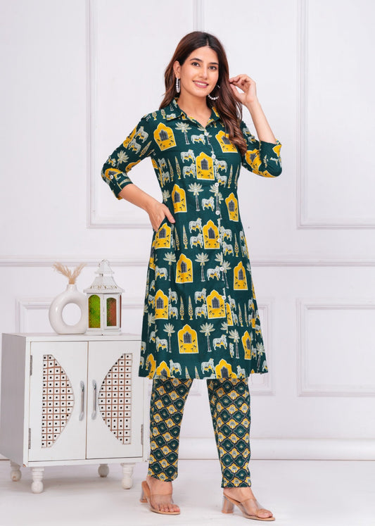 The Rajasthani Horse Print Cotton Cambric Mandarin Collar A-Line Kurti Set